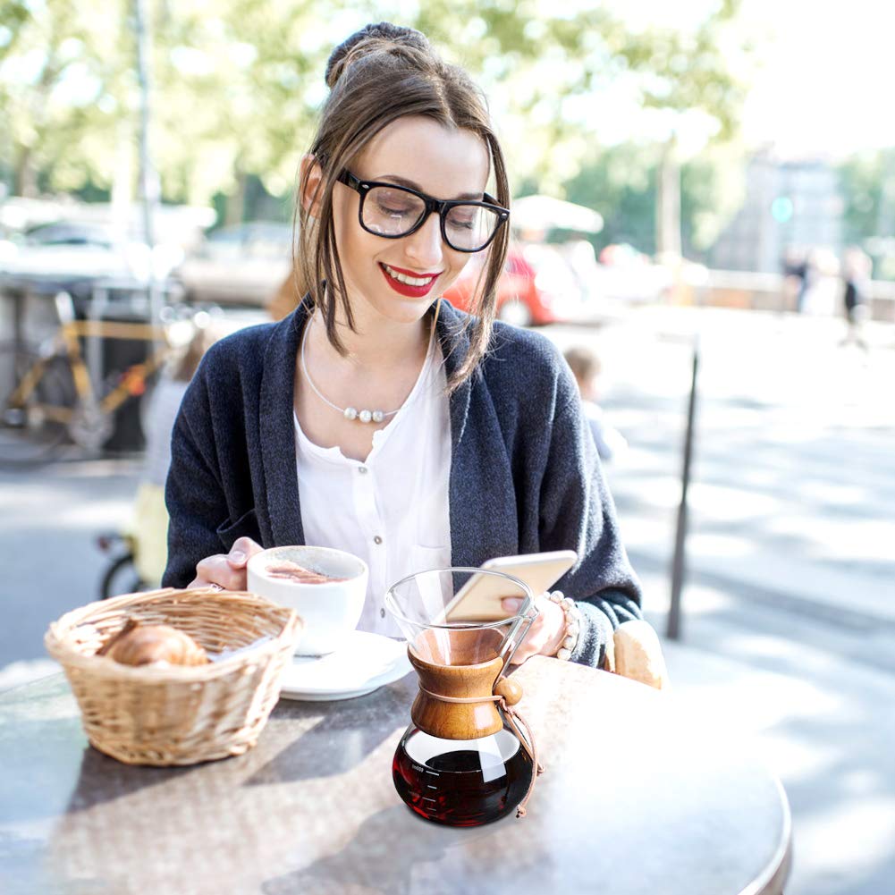 Bestcool Pour Coffee Maker, 400ml Manual Coffee Dripper Brewer with Stainless Steel Filter Borosilicate Glass Carafe with Real Wood Sleeve - No Paper Filters Needed