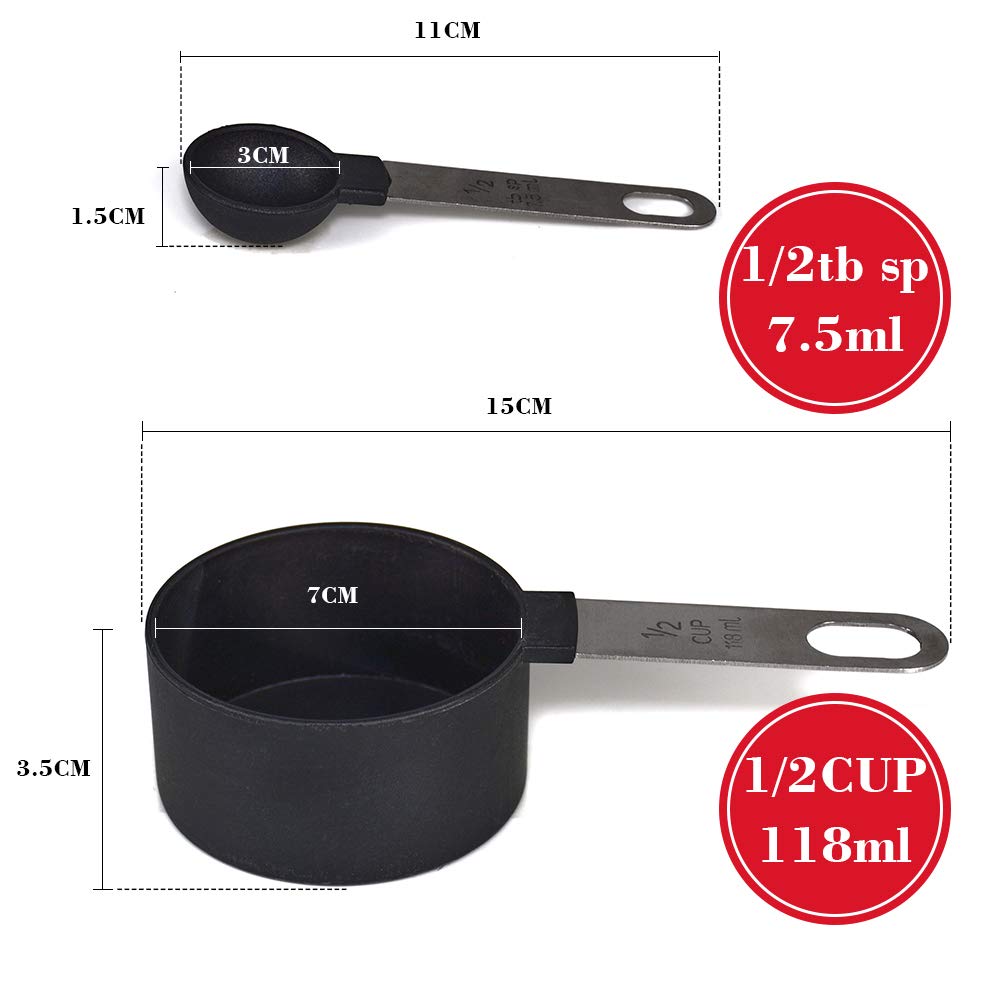 - FONYA 8-Piece Black Measuring Tools | 4 Measuring Cups / 4 Measuring Spoons with Metal Handles -