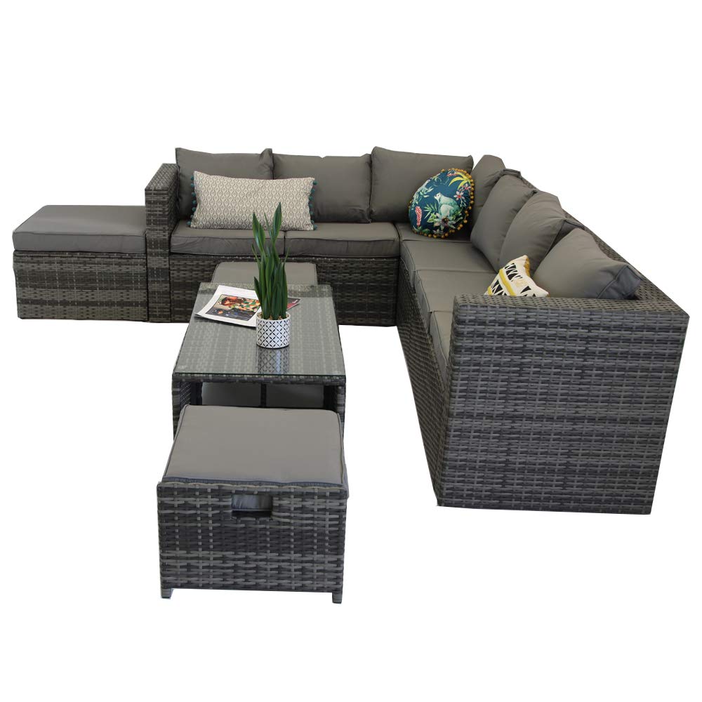 - Yakoe Vancouver 9 Seater Corner Rattan Garden Set In Grey With Fitting Cover