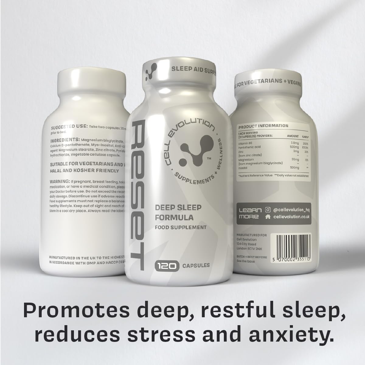 Cell Evolution Reset, Sleep Aid Supplement, Magnesium Bisglycinate, Inositol, Pantothenic Acid, Zinc and Vitamin B6, Sleep Supplements for Adults, Deep Sleep, Sleeping Tablets, 120 Capsules
