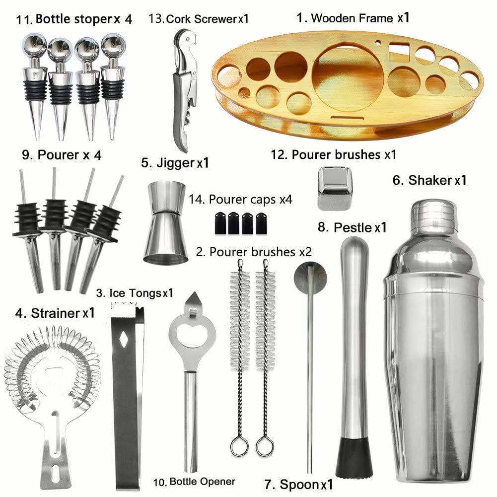 AYAOQIANG Cocktail Shaker Set with Stand,Cocktail Set for Beginer,750ml Stainless Steel Shaker for Cocktail,Home Bar Cocktail Tool Kit with Bamboo Display Stand