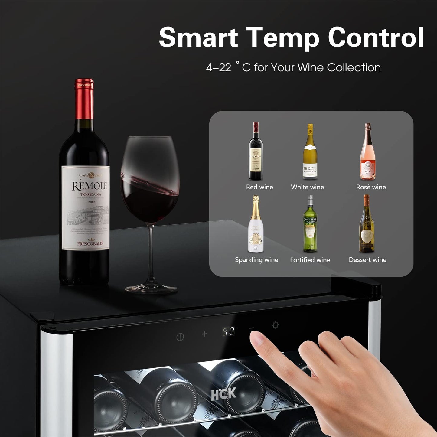 - HCK 115L Wine Cooler with Glass Door 48 Bottles | Freestanding Undercounter Fridge | Quiet Wine Fridges Beer Drinks Cabinet | 4-22°C Temperature Control with Digital Touch Screen -