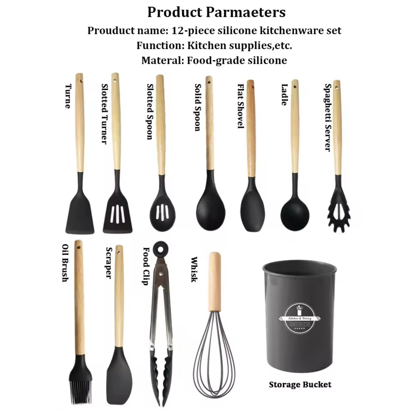 12 - Piece Silicone Cooking Utensils Set with Wooden Handle, Dishwasher Safe, Heat Resistant, Nonstick Cookware Tongs Spatula Spoon Set, Best Kitchen Tools (Black)