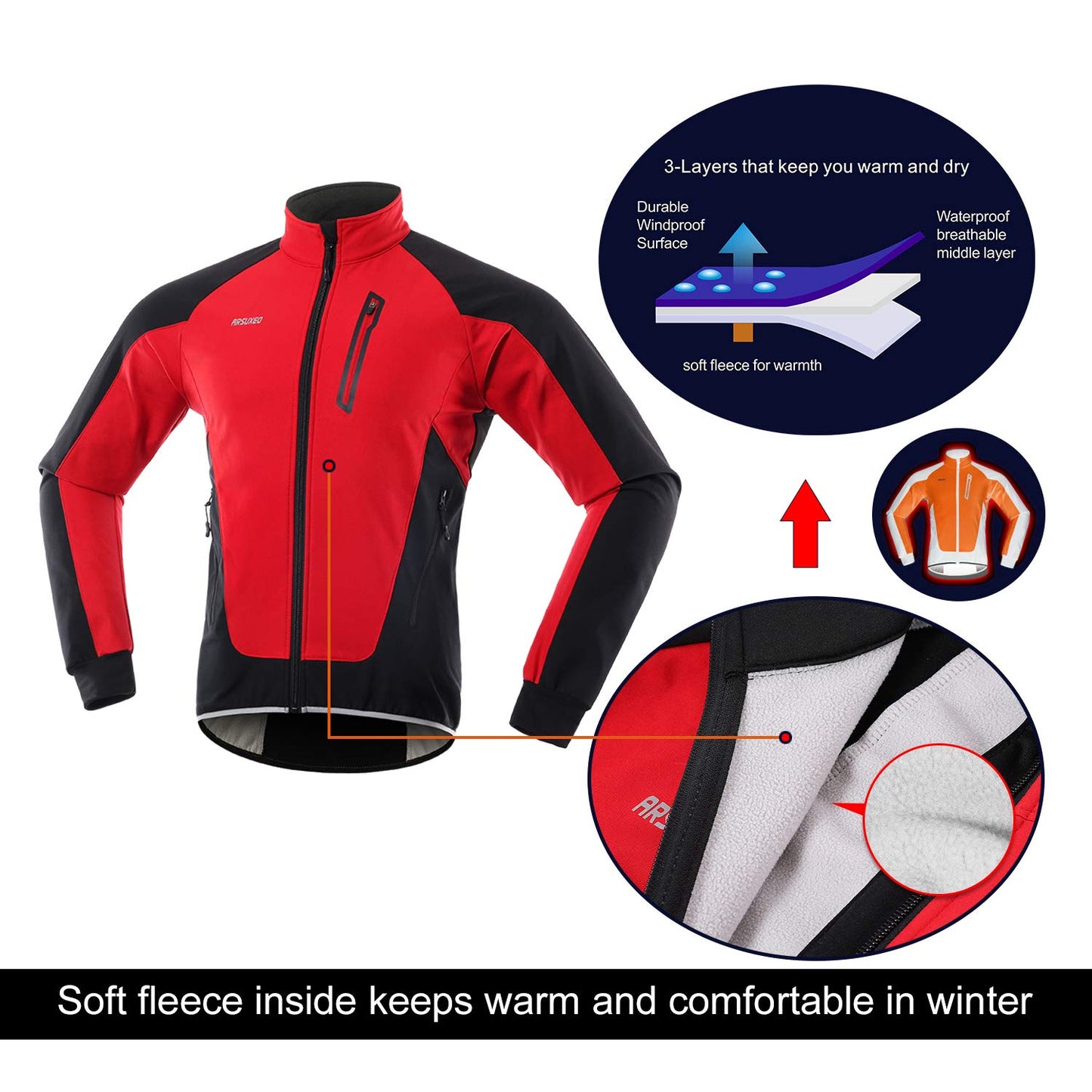 ARSUXEO Men's Cycling Jacket Winter Thermal Fleece Softshell MTB Bike Outwear 20B Red M