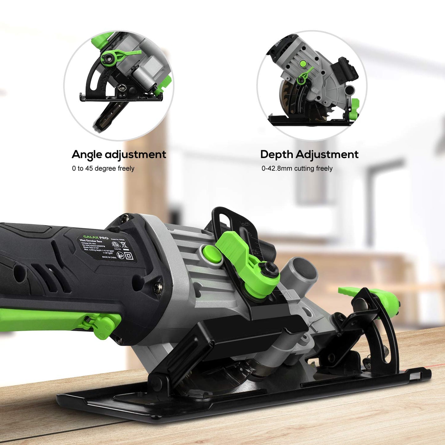- GALAX PRO Mini Circular Saw | 20V 3400RPM Professional Cordless Circular Saw | Adjustable Angle and Depth | Max Cutting Depth 42.8mm (90°) | 28mm(45°) | Laser Guide | Blade 115mm -