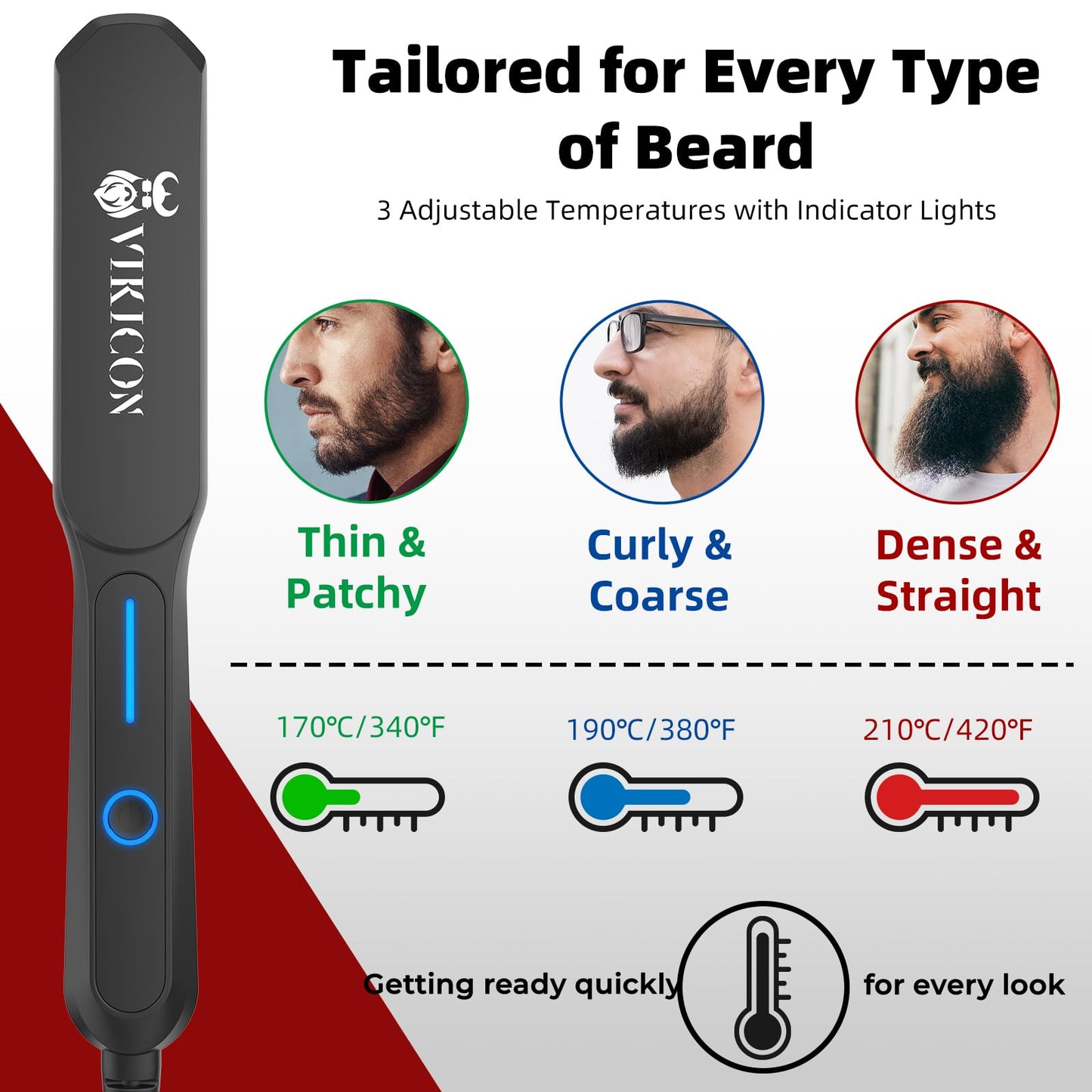 = VIKICON Beard Straightener Comb for Men, Professional Beard Hair Straightening Heated Brush -