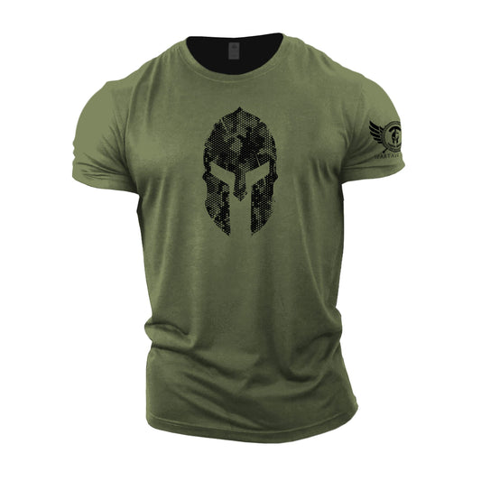 - GYMTIER Spartan Helmet Hex Camo | Men's Gym T-Shirt -