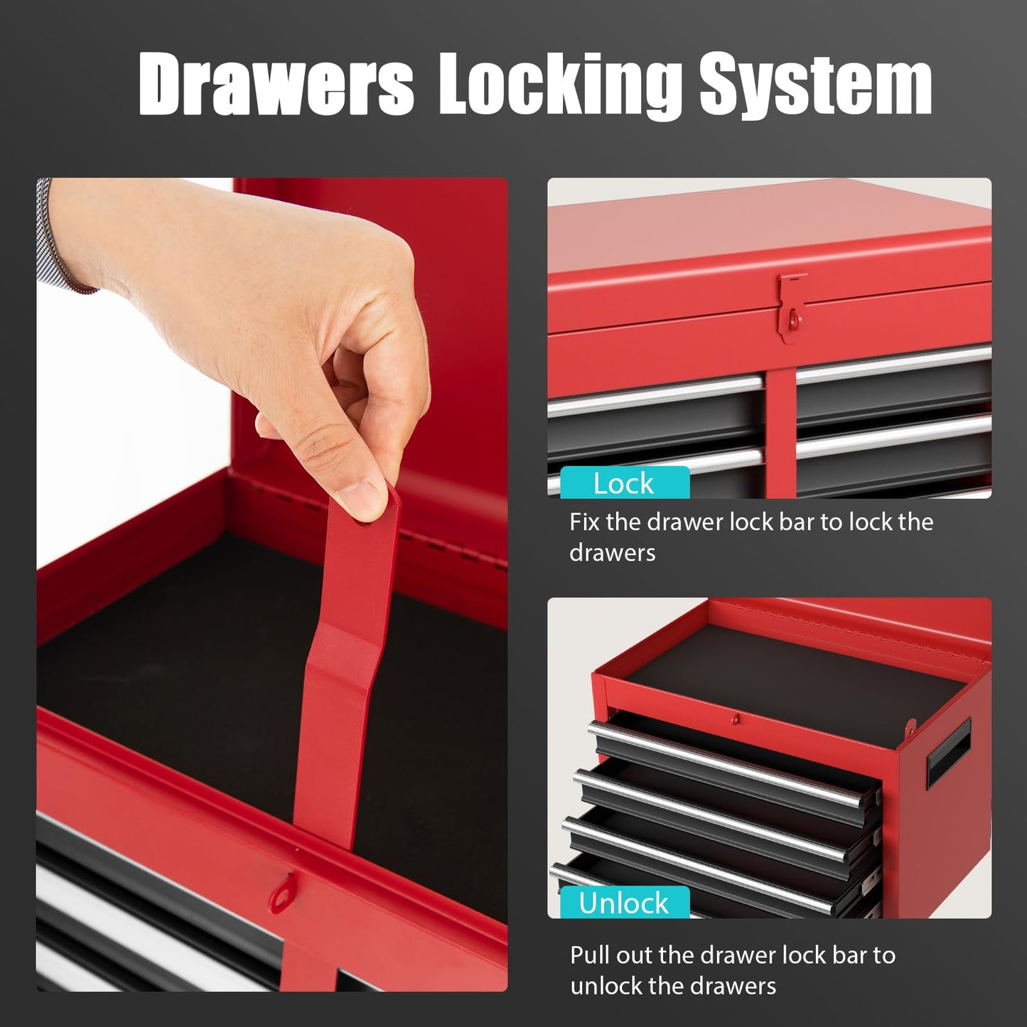 COSTWAY Large Rolling Tool Cabinet, 2-in-1 Detachable Metal Tool Chest with Drawers, Wheel, Handle, Hooks & Pegboard, Lockable Tool Box Trolley for Garage Workshop (with Adjustable Shelf, Red+Black)