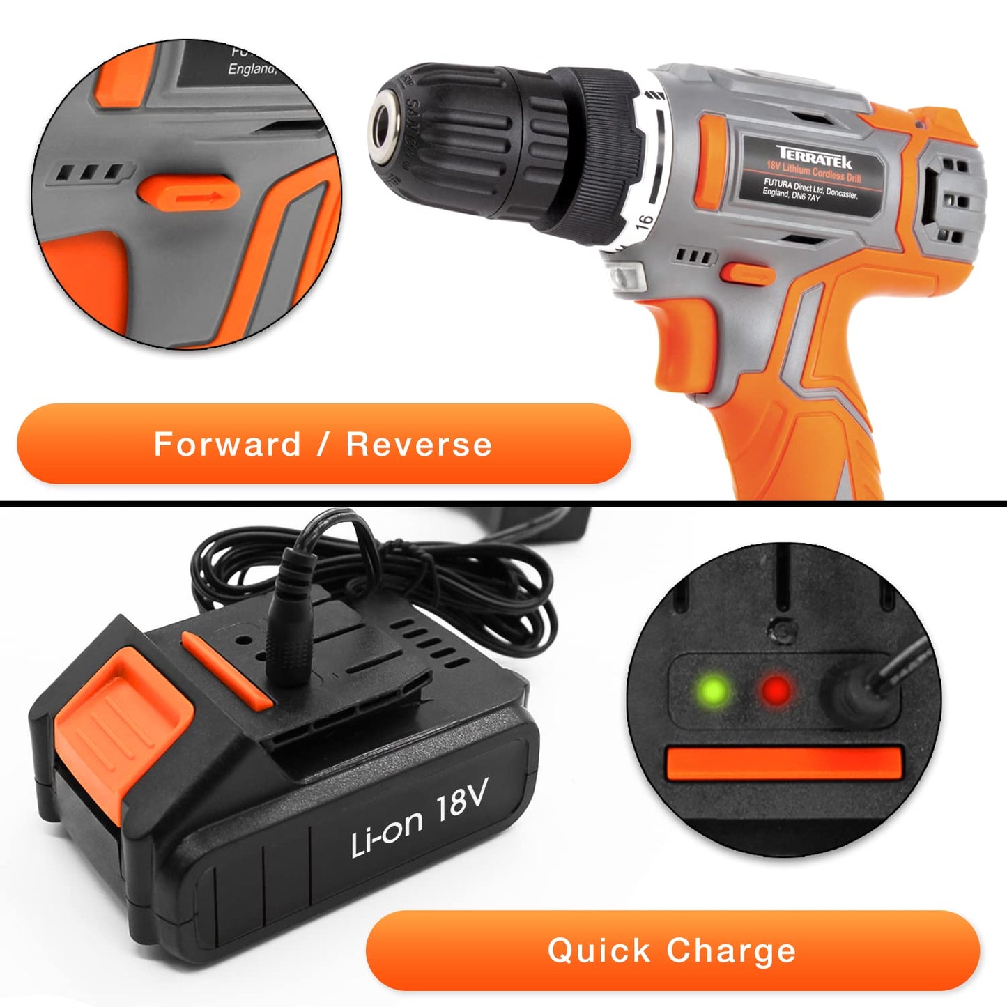 - Terratek Cordless Drill Driver 18V Lithium-Ion | 13Pc Electric Screwdriver Set -