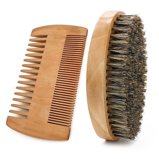 Beard Brush Comb Set for Men, Wooden Boar Bristle Hair Moustache Comb Beard Brush Set for Combing Beard Hair, Removing Debris, Massages Face