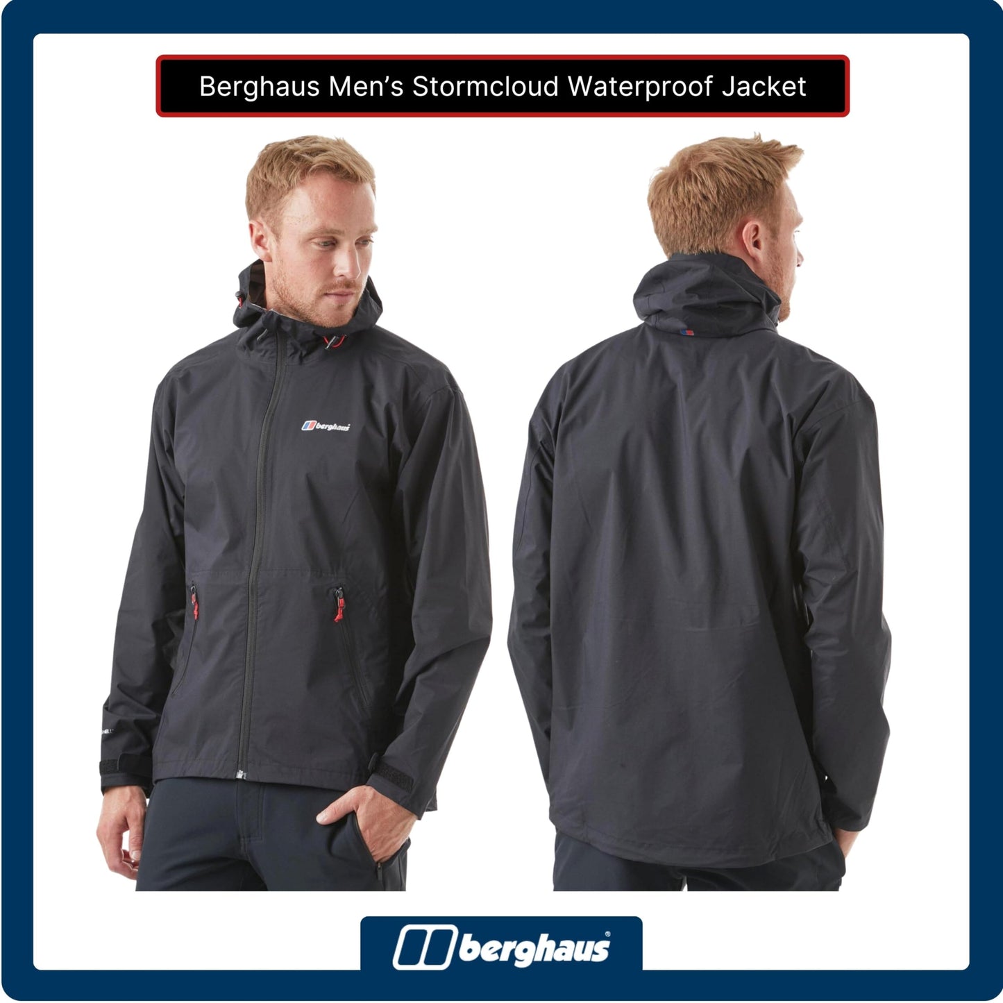 Berghaus Men's Stormcloud Waterproof Jacket with AQ™2 Fabric and Fully Adjustable Hood, Packable Rain Jacket, Black, M