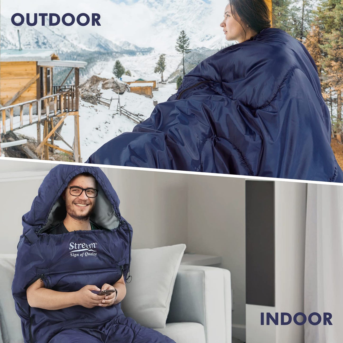 Camping Sleeping Bag - 3 Season Warm & Cool Weather - Lightweight Waterproof Sleeping Bag with Zippered Holes for Adults & Kids - Camping,Traveling, Music Festival and Outdoors (blue)