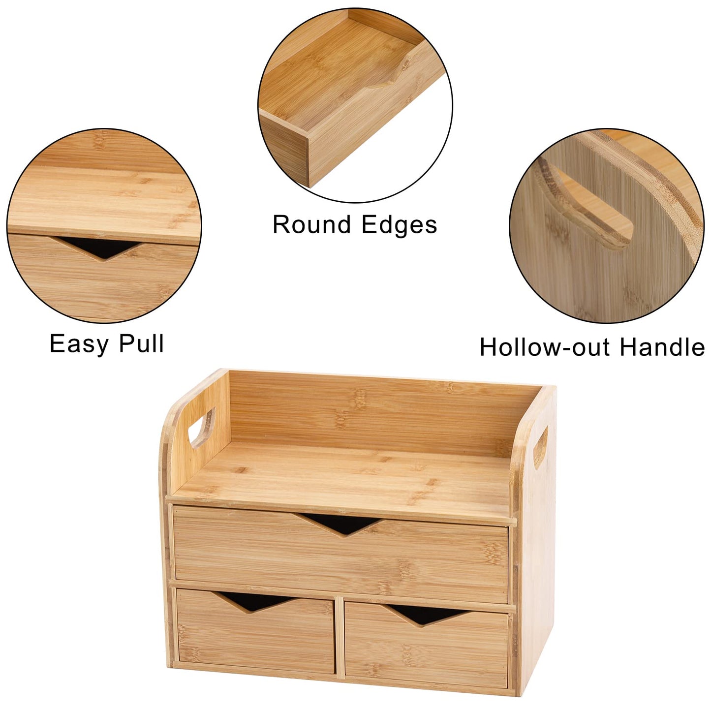 - Hacaroa 3 Tier Bamboo Desktop Organizer with 3 Drawers | Mini Tabletop Craft Box Cosmetic Storage Drawer with Handle -