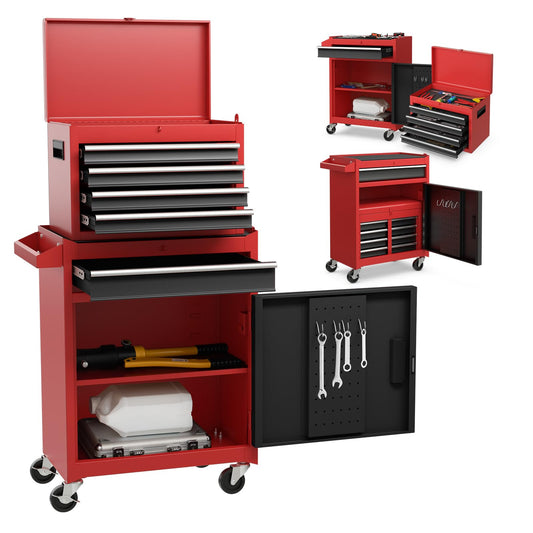 COSTWAY Large Rolling Tool Cabinet, 2-in-1 Detachable Metal Tool Chest with Drawers, Wheel, Handle, Hooks & Pegboard, Lockable Tool Box Trolley for Garage Workshop (with Adjustable Shelf, Red+Black)