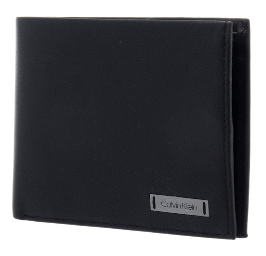 Calvin Klein - Men's Leather Wallet - Billfold Wallet For Men - Black Leather - Card Holder - Coin Pocket - 100% Genuine Leather - Plaque Detail