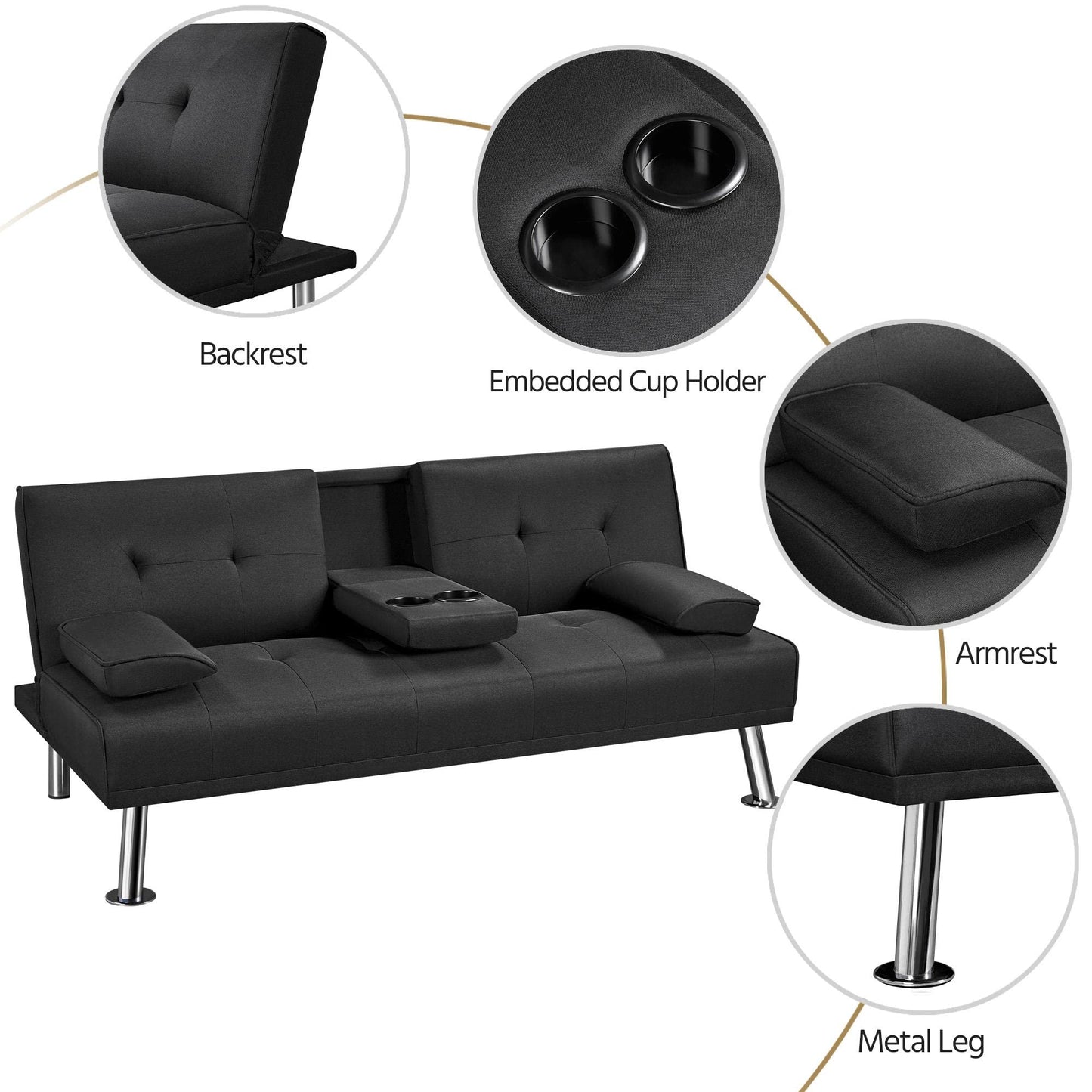 - Yaheetech Sofa Bed,Fabric Click Clack Sofa Bed with 2 Cup Holders, Convertible Bed Settee.