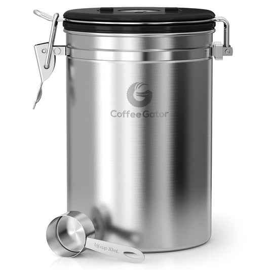 Coffee Gator Coffee Storage - Stainless Steel Tea and Sugar Containers - Canisters w/Date-Tracker, CO2 Valve for Freshness & Scoop - Large, Sliver