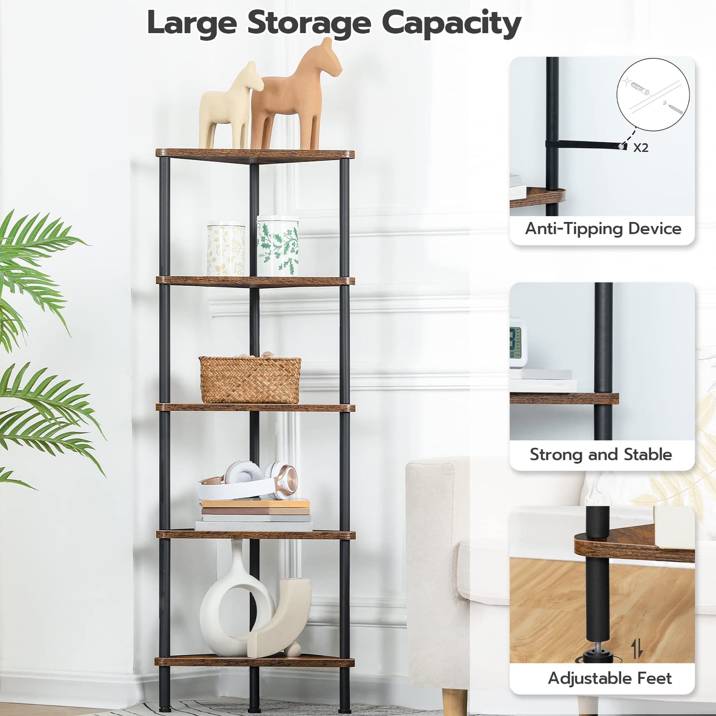 - HOOBRO Corner Shelf | Storage Shelving Unit | Corner Bookcase | 5-Tier Freestanding Bookcase -