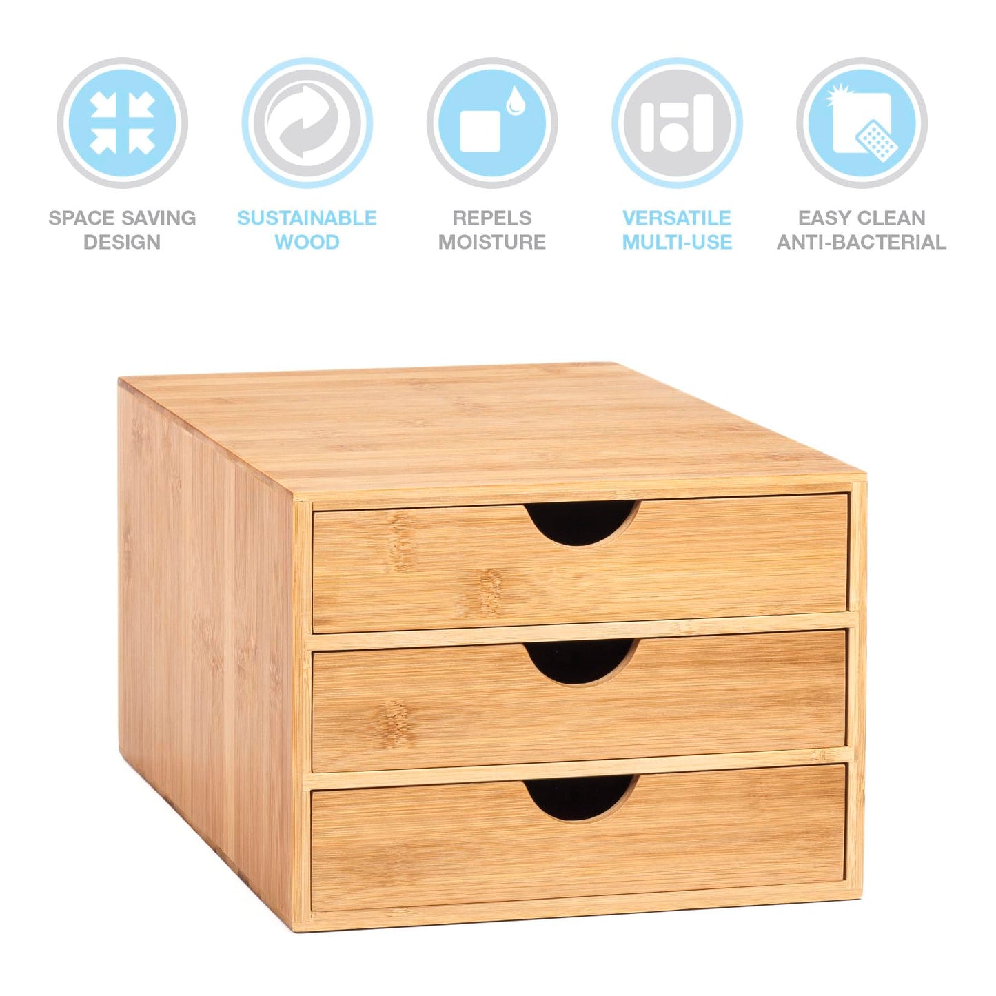 - Woodluv 3 Drawer Bamboo Home Office Desktop Tidy A4 Sturdy Stationary Storage Organiser Unit, W25 X D33 X H18.5cm