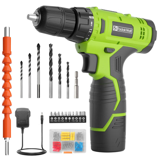 - FADAKWALT 12V Cordless Drill, Battery Power Drill Drivers | 3/8” inch Keyless Chuck | Electric Screwdriver Kit | 21+1 Torque Setting | Combi Drill with Li-Ion Battery and Charger -