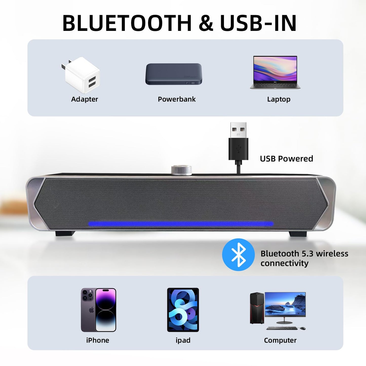 Computer PC Speakers, Bluetooth 5.3 Computer Soundbar for Desktop Monitor Speakers, Wired USB Powered PC Sound bar with LED, Superb Stereo Sound for Desktops, Laptops, Tablets, Smartphones-Silver