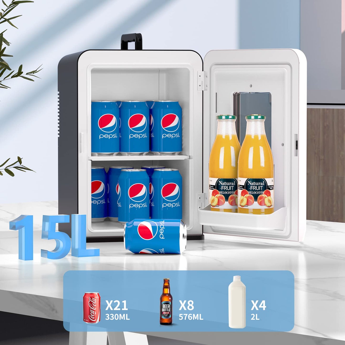 - Mini Fridge 15 Liter/21 Cans | Upgrade Portable AC+DC Power Small Fridge for Bedroom -