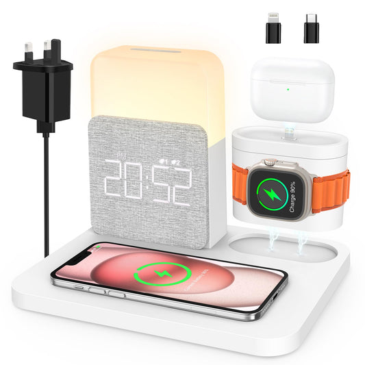 COLSUR 3 in 1 Wireless Charging Station, Mag-Safe 15W Wireless Charger with Alarm Clock, Night Light, Wireless Charger Stand for iPhone 15 14 13 12 11 X Pro Max, Apple Watch, AirPods