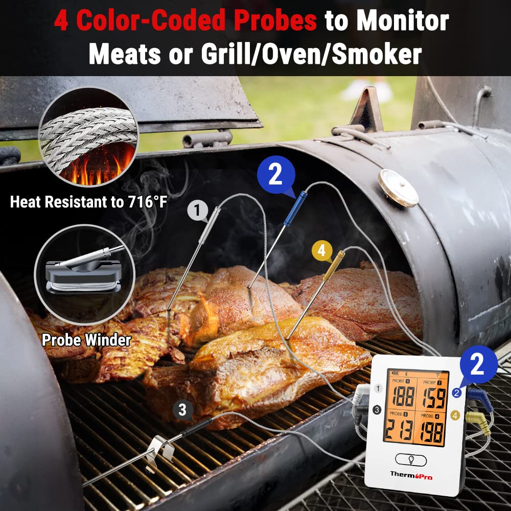 - ThermoPro TP25 Bluetooth Meat Thermometer | 4 Temperature Probes | Smart Wireless Digital BBQ Thermometer -