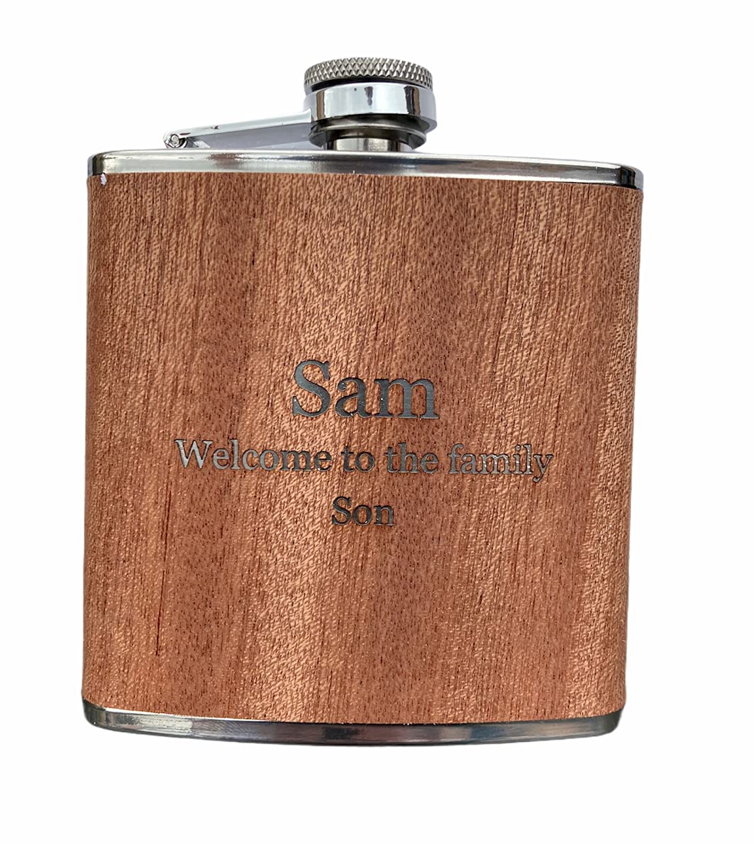 - Personalised Rutherfords Gifts Wood Wrap 6oz Hip Flask | Engraved with Name and Message of Your Choosing -