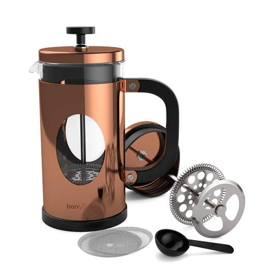 bonVIVO Cafetiere - GAZETARO I 350ml, 8 Cup, Stainless Steel French Press Coffee Maker w/Bonus Scoop and Replacement Filter Mesh - Heat-Resistant Coffee Press - Gifts for Women and Men Copper