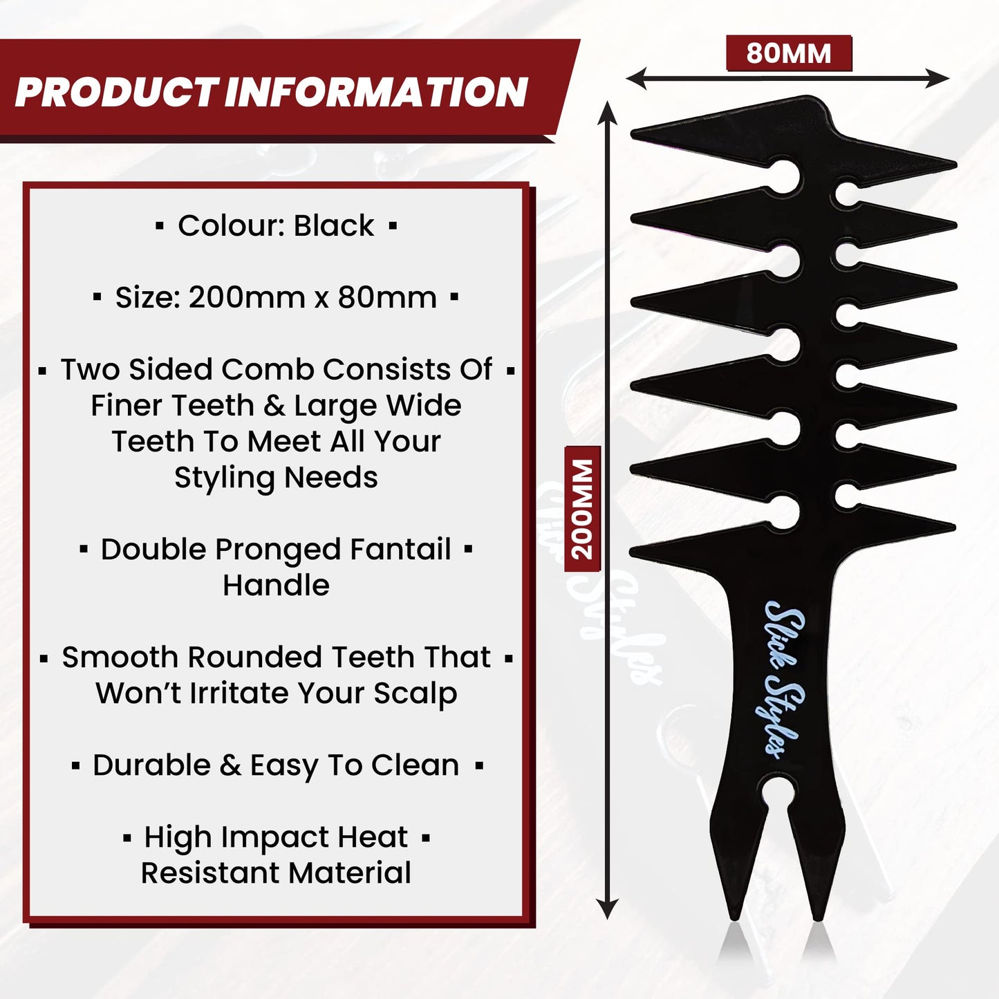- Slick Styles Texture Comb | Black Hair Styling Barbers Comb Wide Tooth Comb | 200mm x 80mm -