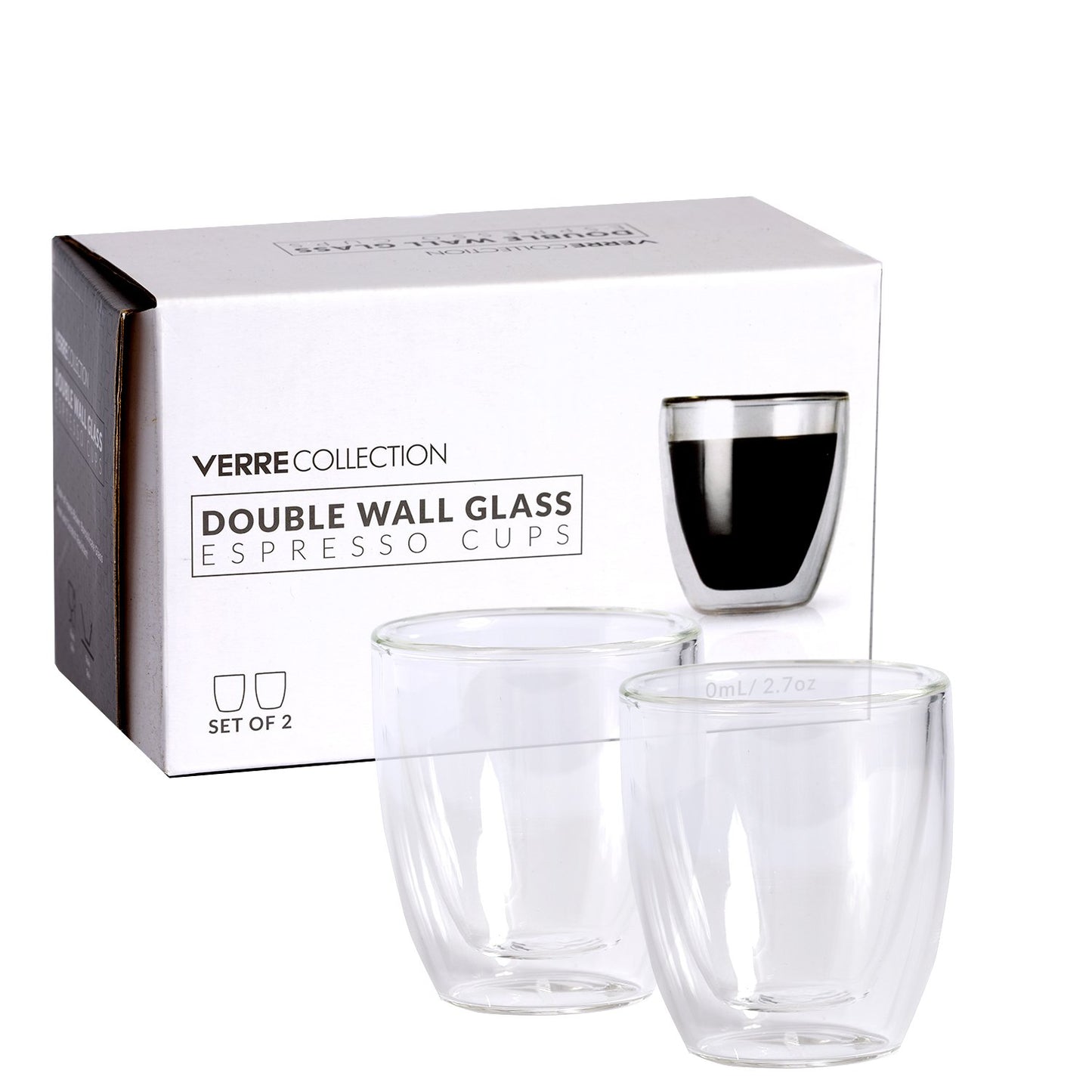 - Verre Collection Double Wall Glass Espresso Latte Cappuccino Mug, Coffee Cup | Set of 2 (2, 2.7 oz) (80 ml) -