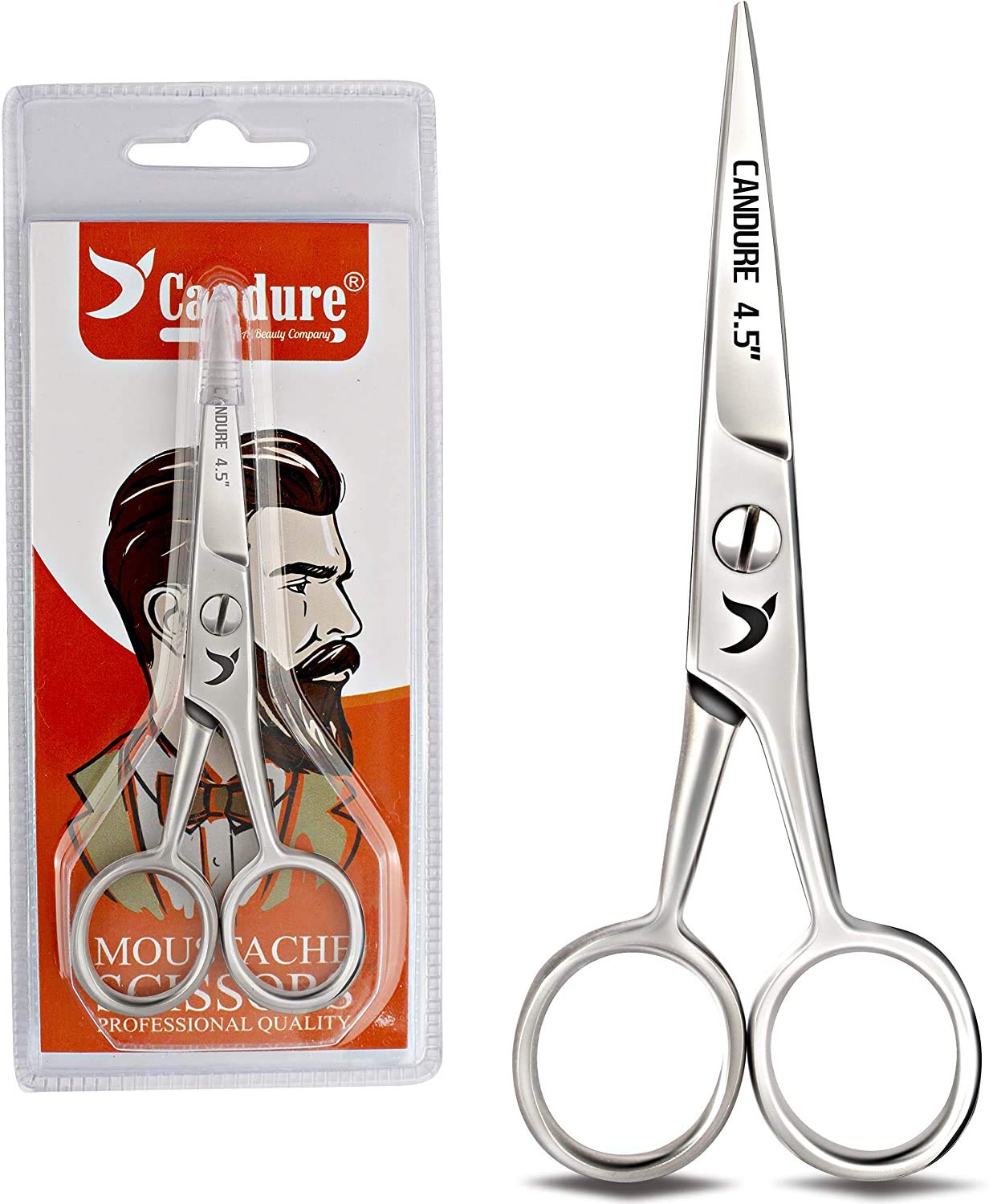 Candure Beard Scissors Professional Moustache Scissors Ear and Nose Hair Trimming Scissors Stainless Steel, Safety Use for Eyebrows, Eyelashes, and Ear Hair