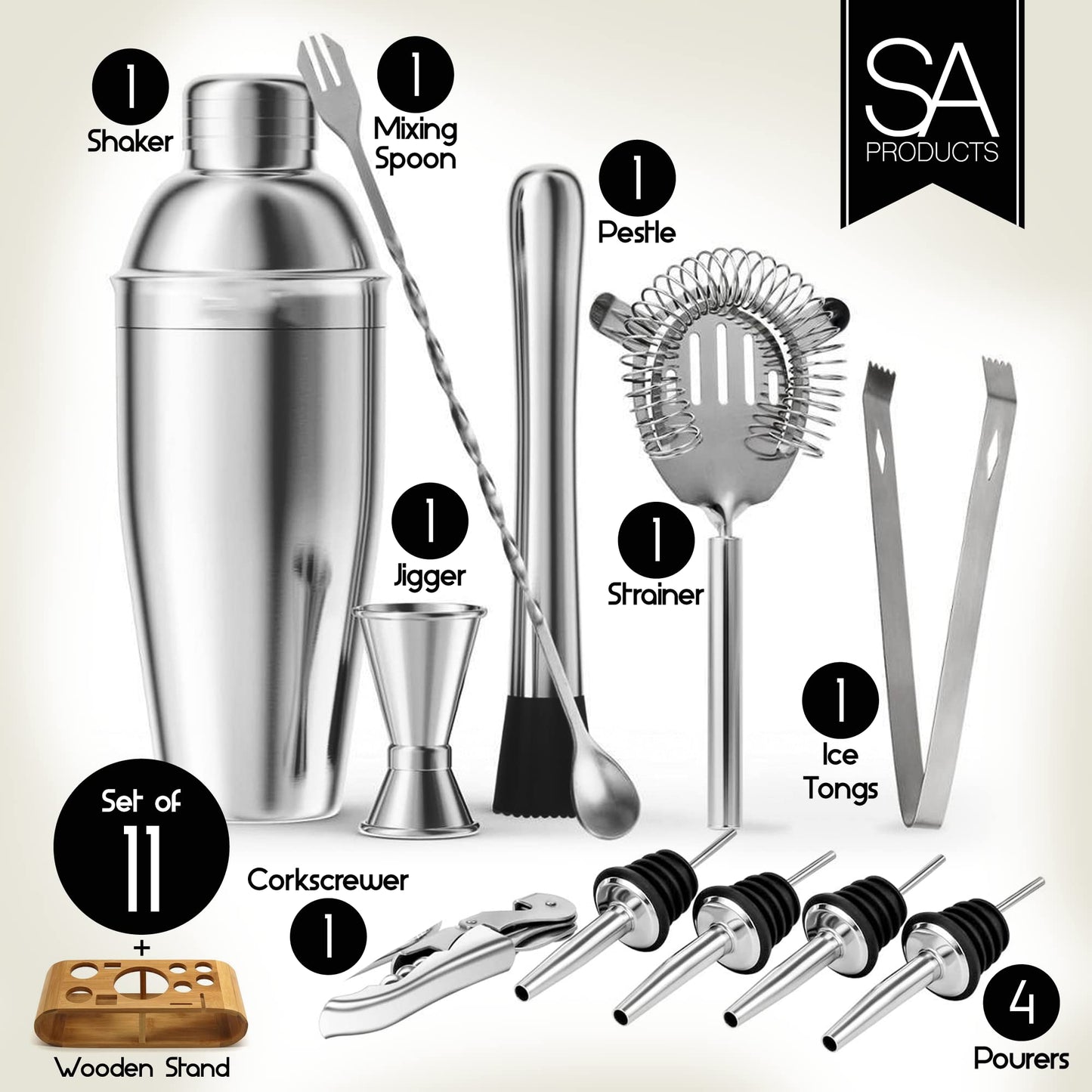 - SA Products 12 Piece Cocktail Shaker Set | Stainless Steel Cocktail Accessories | Bartender Kit with Drink Shaker, Jigger, Spoon, Strainer, Corkscrew, Ice Tongs, Pestle, Pourers, Bamboo Display Stand -