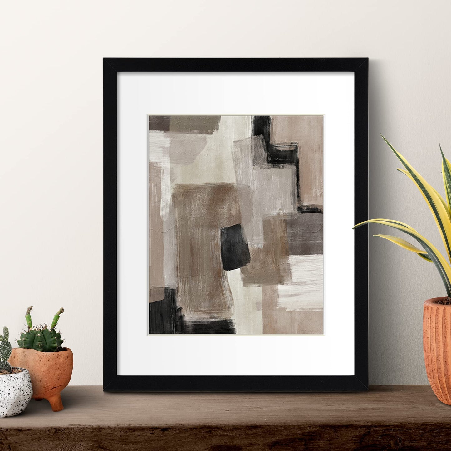 ArtbyHannah Framed Abstract Wall Art 3 Pack 11x14 IN with Brown Black Tan Blocks Prints for Wall Decor with Black Frames 29x36 cm, Extra Art Prints of Botanical Included