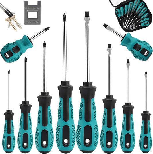 10pcs Screwdriver Set,Heavy Duty Chrome Vanadium Steel Made,Magnetic Screwdriver with 5 Cross& 5 Flat Head,Muti Purpose Screwdriver Kit,Durable Hand Tools in Carry Bag