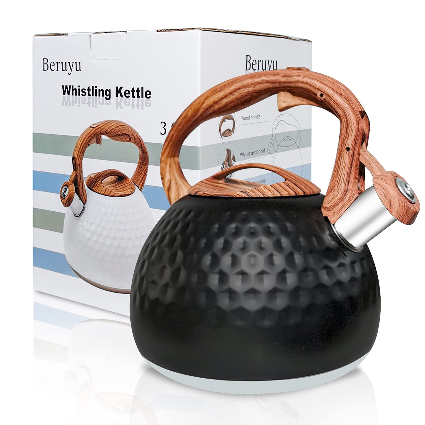 Beruyu Stove Top Whistling Kettle, Stainless Steel Teapot with Wood Grain Handle, for Gas Stove Induction Cooker, 3L (Black)