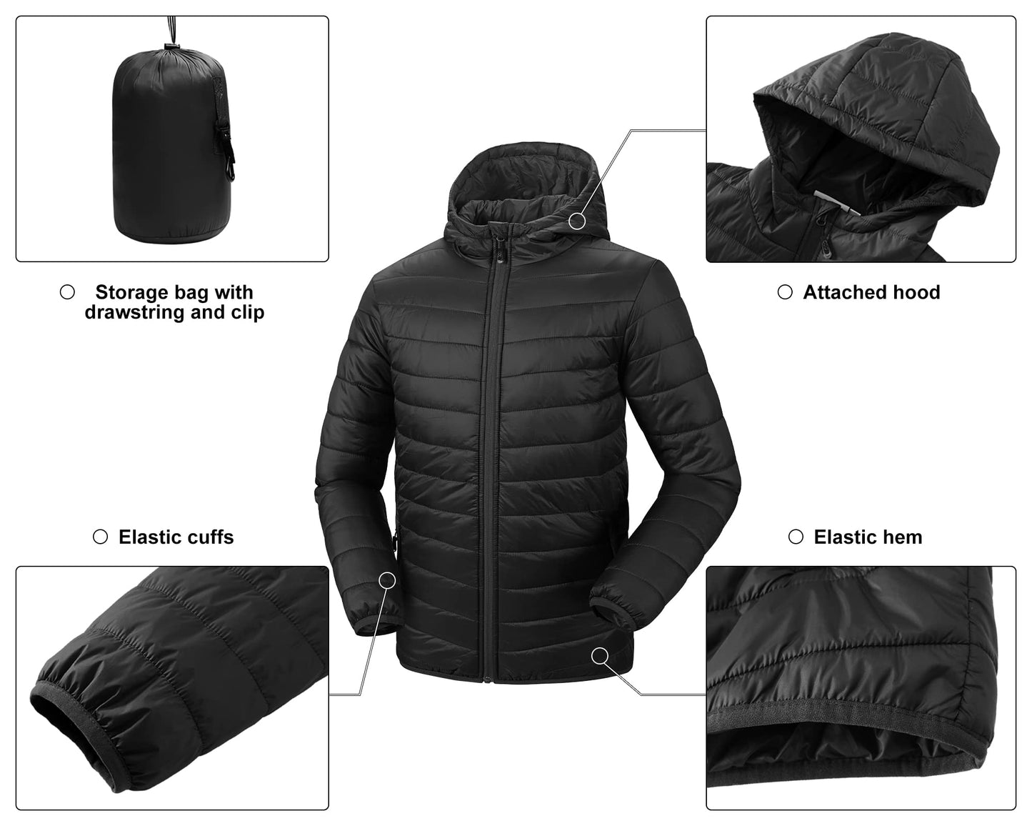 33,000ft Lightweight Waterproof Puffer Jacket Men's Packable Insulated Winter Jacket with Hood Windproof Mens Quilted Coat for Hiking, Travelling Black L