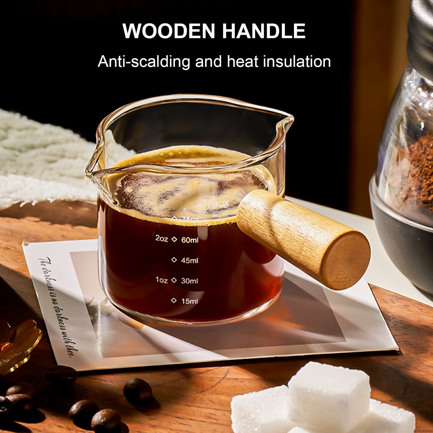- PARACITY Espresso Cups with Wood Handle | Double Spout Glass Measuring Cup with Dual Scale -