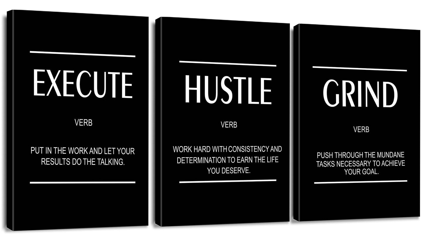 Artscope 3 Pieces Inspirational Motivational Words Wall Art Canvas Prints - Execute Hustle Grind Picture Painting - Modern Wall Artwork Framed for Gifts Bathroom Living Room Office Decor - 30 x 40 CM