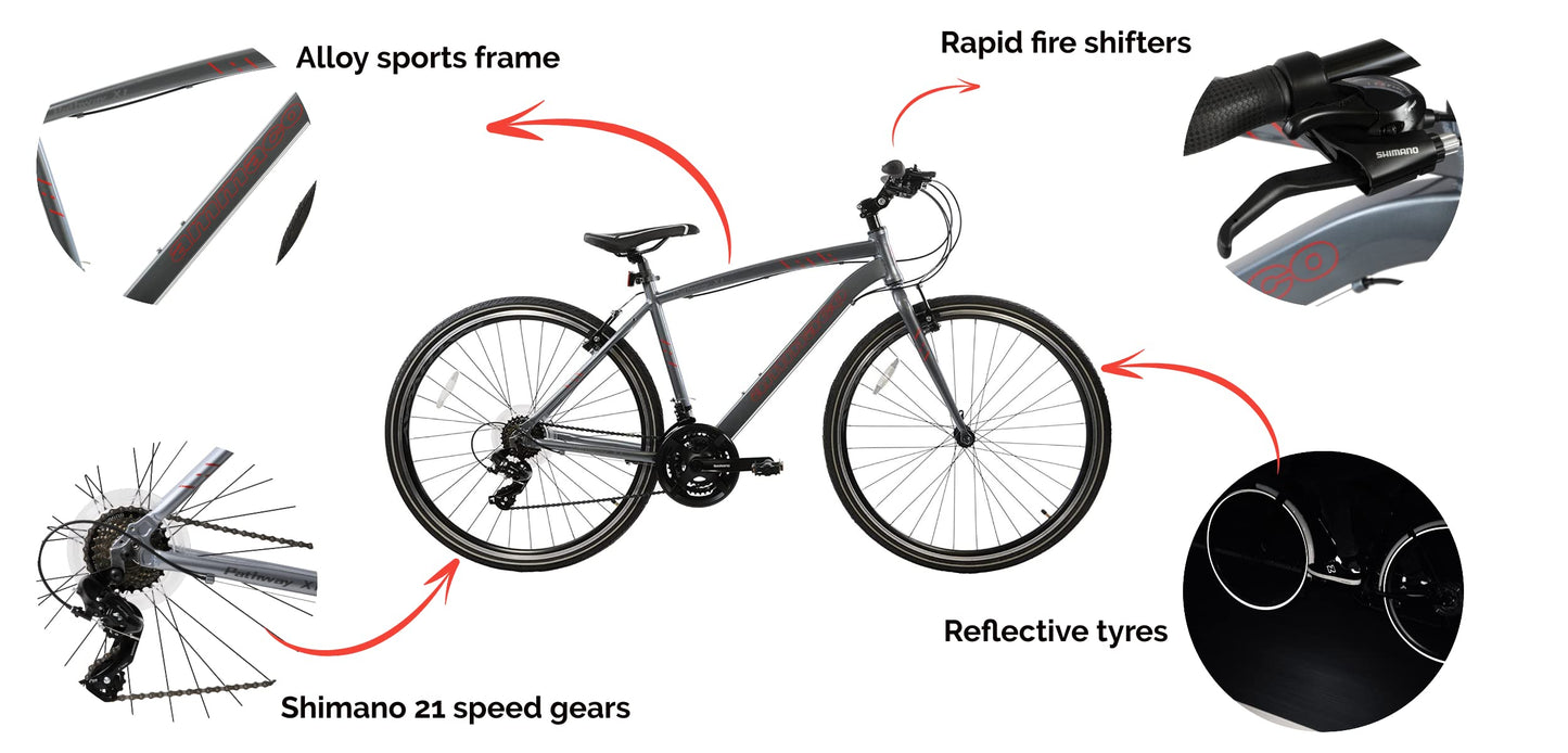 Ammaco Pathway X1 700c Hybrid Trekking Sports Commuter Urban Mens Bike 17" Frame Lightweight Grey 21 Speed