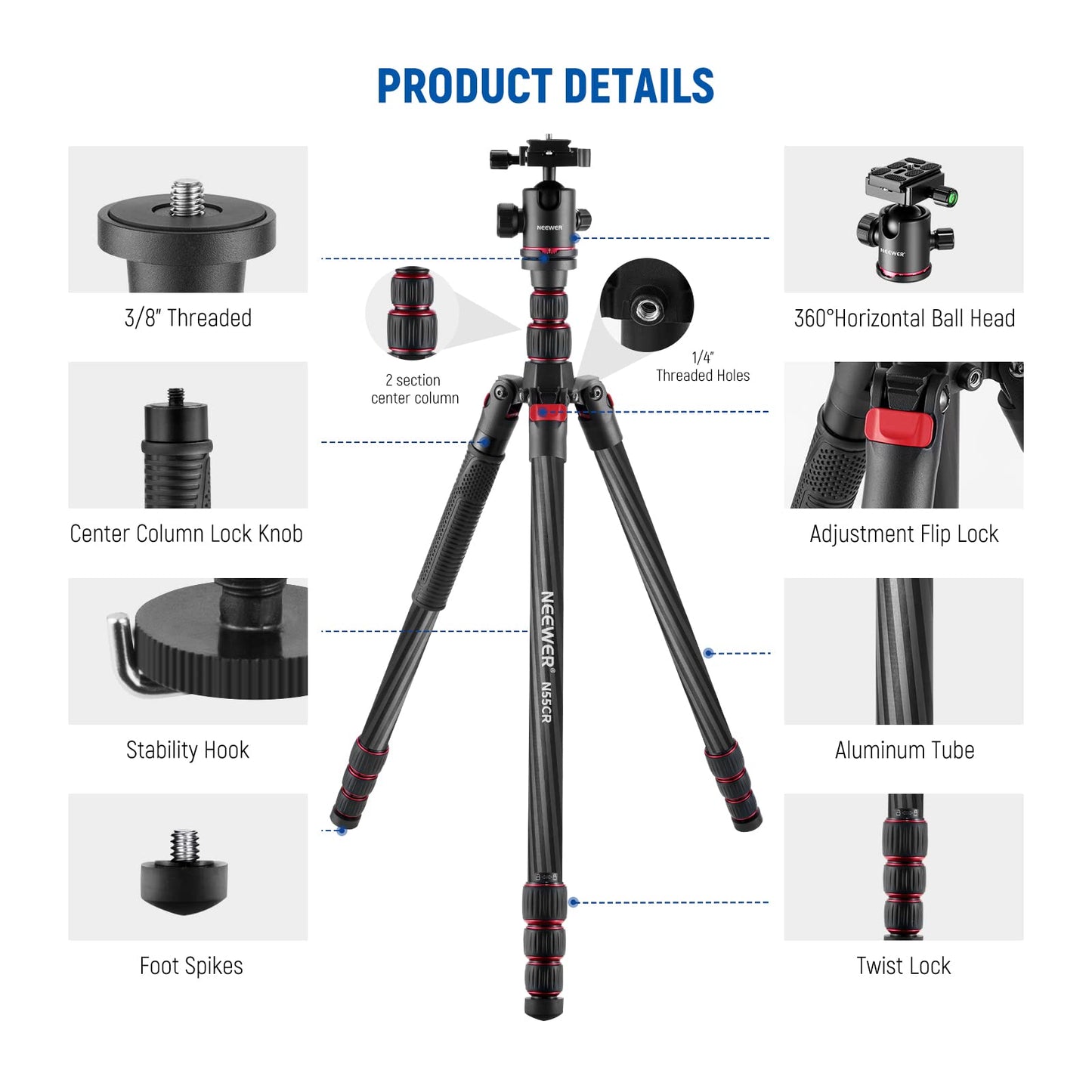 - NEEWER Carbon Fiber Camera Tripod With Telescopic 2 Section Center Axes | 360° Panorama Ballhead -