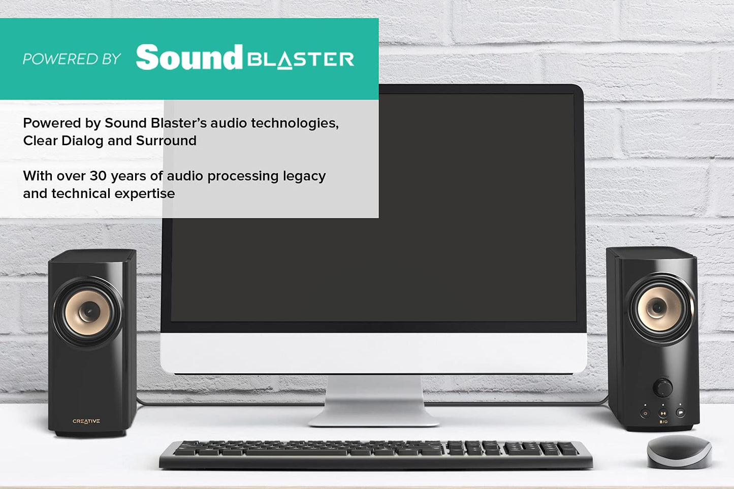 CREATIVE T60 2.0 Compact Hi-Fi Desktop Speakers with Clear Dialog and Surround by Sound Blaster, SmartComms Kit, USB-C Audio, Mic and Headset Ports, Bluetooth 5.0