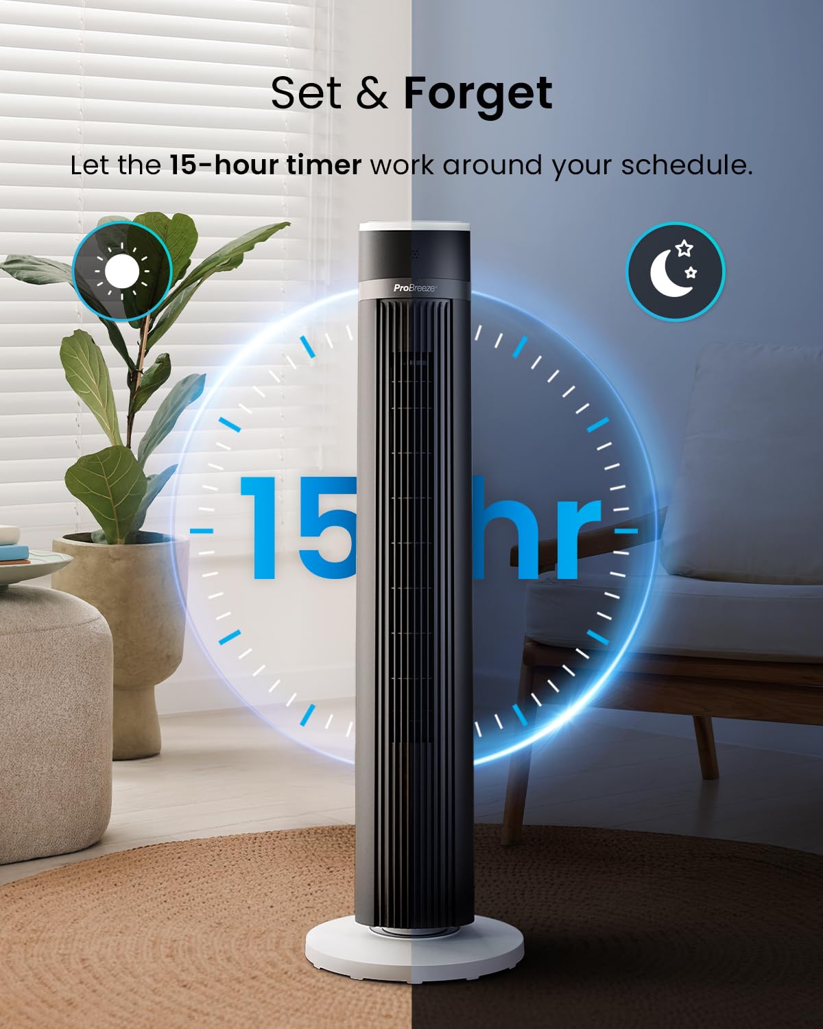 - Pro Breeze Silent Bladeless Tower Fan with Remote Control | 90° Oscillation | 15H Timer -