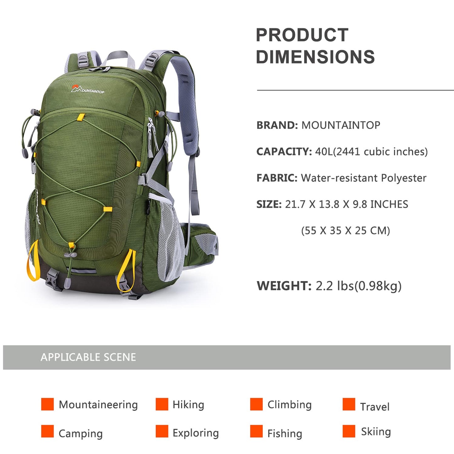- MOUNTAINTOP Hiking Backpack | 40L |Water Resistent Trekking Rucksack for Men -