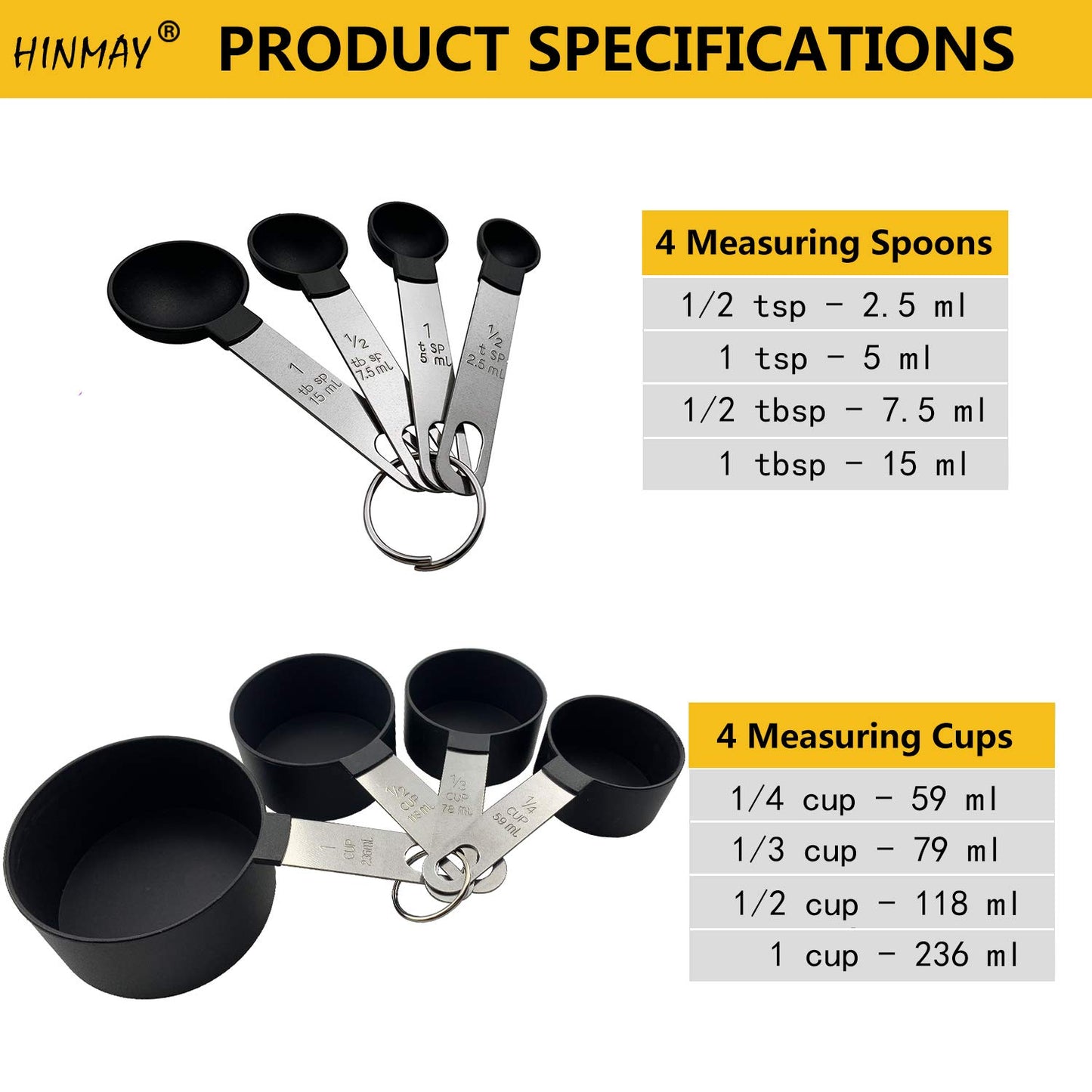 - HINMAY 8-Piece Measuring Cups and Spoons | Kitchen Nesting Measurement Tools for Liquids and Solids -