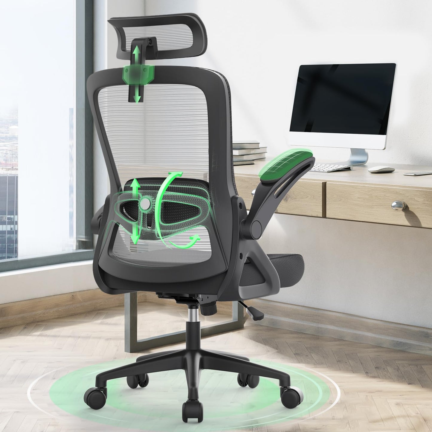 BareTay Office Chair Ergonomic Desk Chair with Adjustable Pillow Lumbar Support,Padded Flip-up Armrests,Headrest,Comfy Seat Cushion Mesh Office Desk Chair High Back Task Chair Swivel Computer Chair