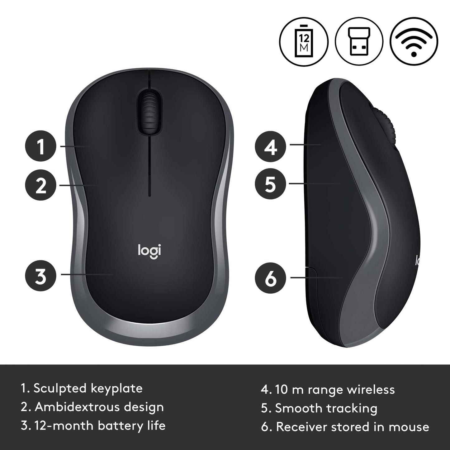 - Logitech M185 Wireless Mouse | 2.4GHz with USB Mini Receiver | 12-Month Battery Life -