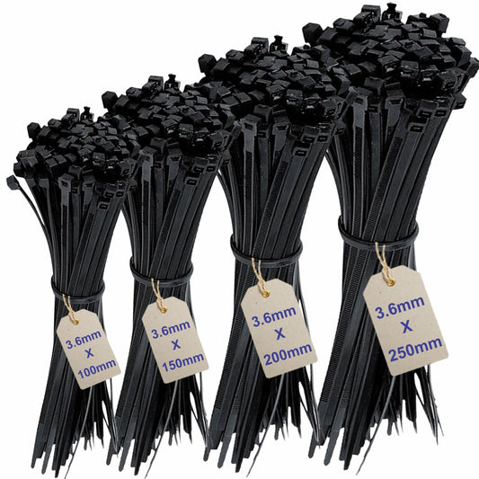 200Pcs Cable Ties Assortment -Mix Black Zip Ties Set with 4 Sizes (100/150/200/250mm) x 3.6mm Heavy Duty Nylon Cable Ties for Wire Management, Black Cable Ties Heavy Duty Zip Ties
