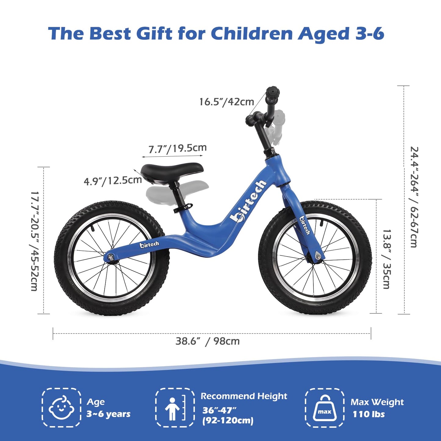 14" Balance Bike for Boys and Girls, Air Tires with Magnesium Alloy Frame, Lightweight No Pedal Kids' Bike for 3-6 Years Old, Training Bike with Adjustable Handlebar and Seat (Bule)